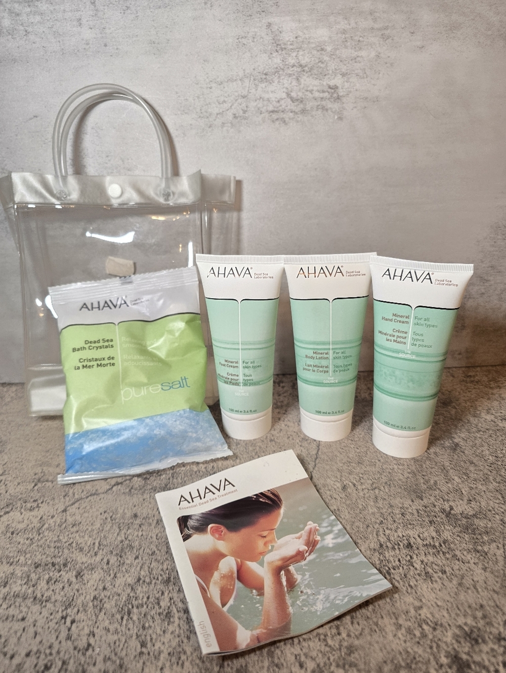 Ahava 4 pc Set, Body Lotion, Foot & Hand Cream, Dead Sea Bath Crystals New